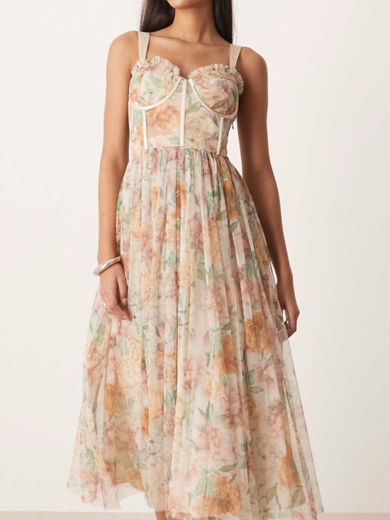 Lace & Beads Dresses & Skirts - Floral Bustier Midi Dress in Blush and Peach